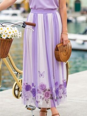 Lavender Floral Midi Skirt with Pleated Panels